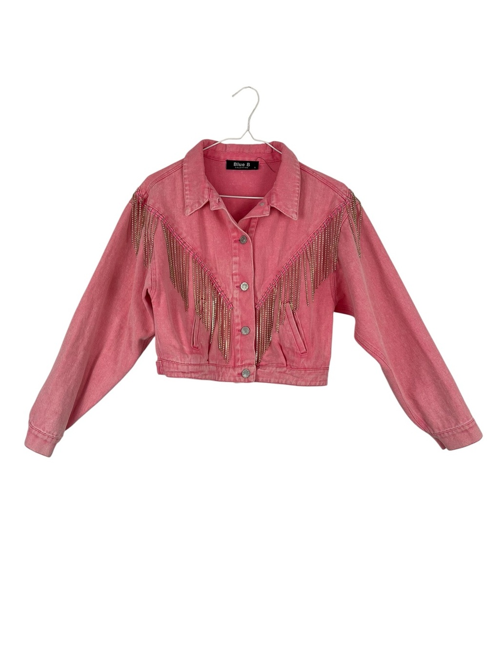 Blue B Pink Cropped Rhinestone Fringe Western Detail Denim Jacket SZ Small